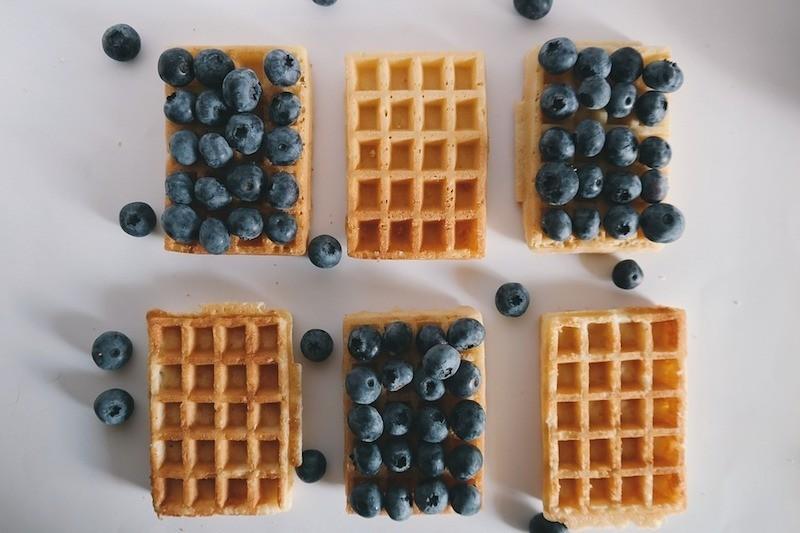 square double Belgian waffle with blueberries